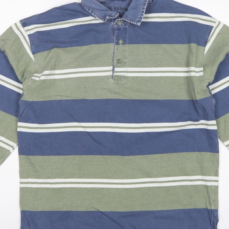 Marks & Spencer Men Blue Green Striped Long Sleeve Polo Shirt S