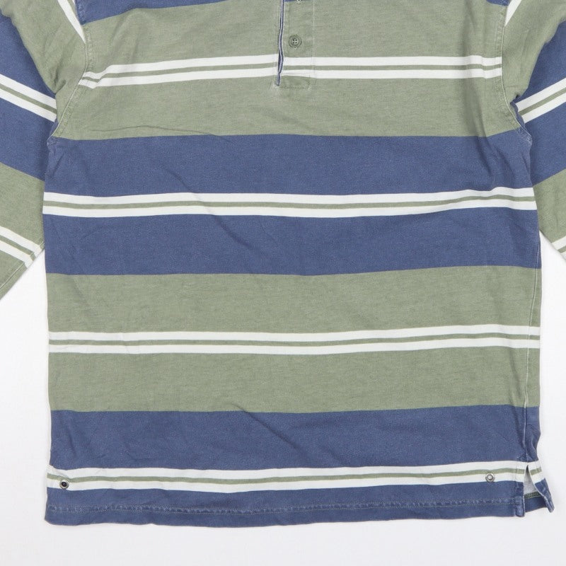 Marks & Spencer Men Blue Green Striped Long Sleeve Polo Shirt S
