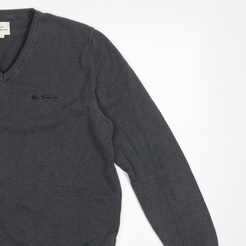 Ben Sherman Men’s Grey V-Neck Logo Knit Pullover Jumper L