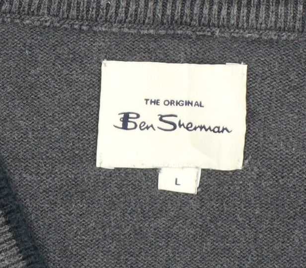 Ben Sherman Men’s Grey V-Neck Logo Knit Pullover Jumper L