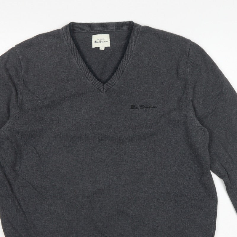 Ben Sherman Men’s Grey V-Neck Logo Knit Pullover Jumper L