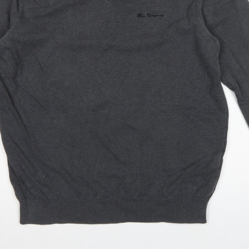 Ben Sherman Men’s Grey V-Neck Logo Knit Pullover Jumper L