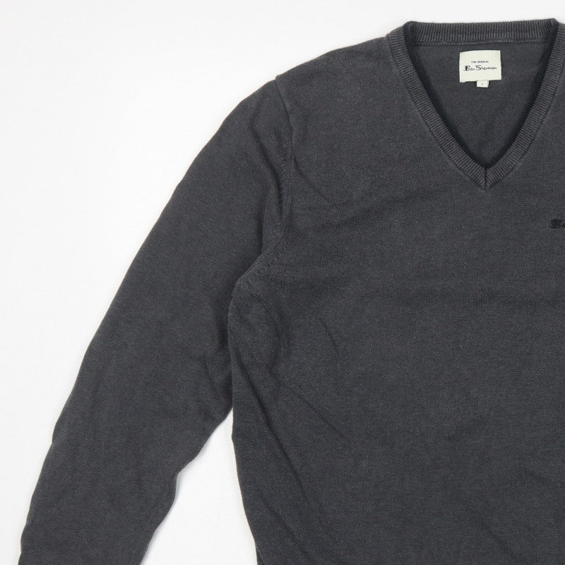 Ben Sherman Men’s Grey V-Neck Logo Knit Pullover Jumper L
