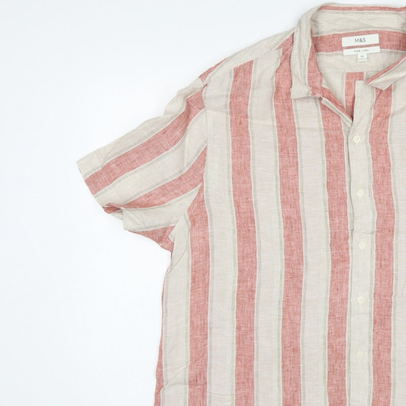 M&S Men Pink Ivory Stripe Pure Linen Short Sleeve Shirt 2XL