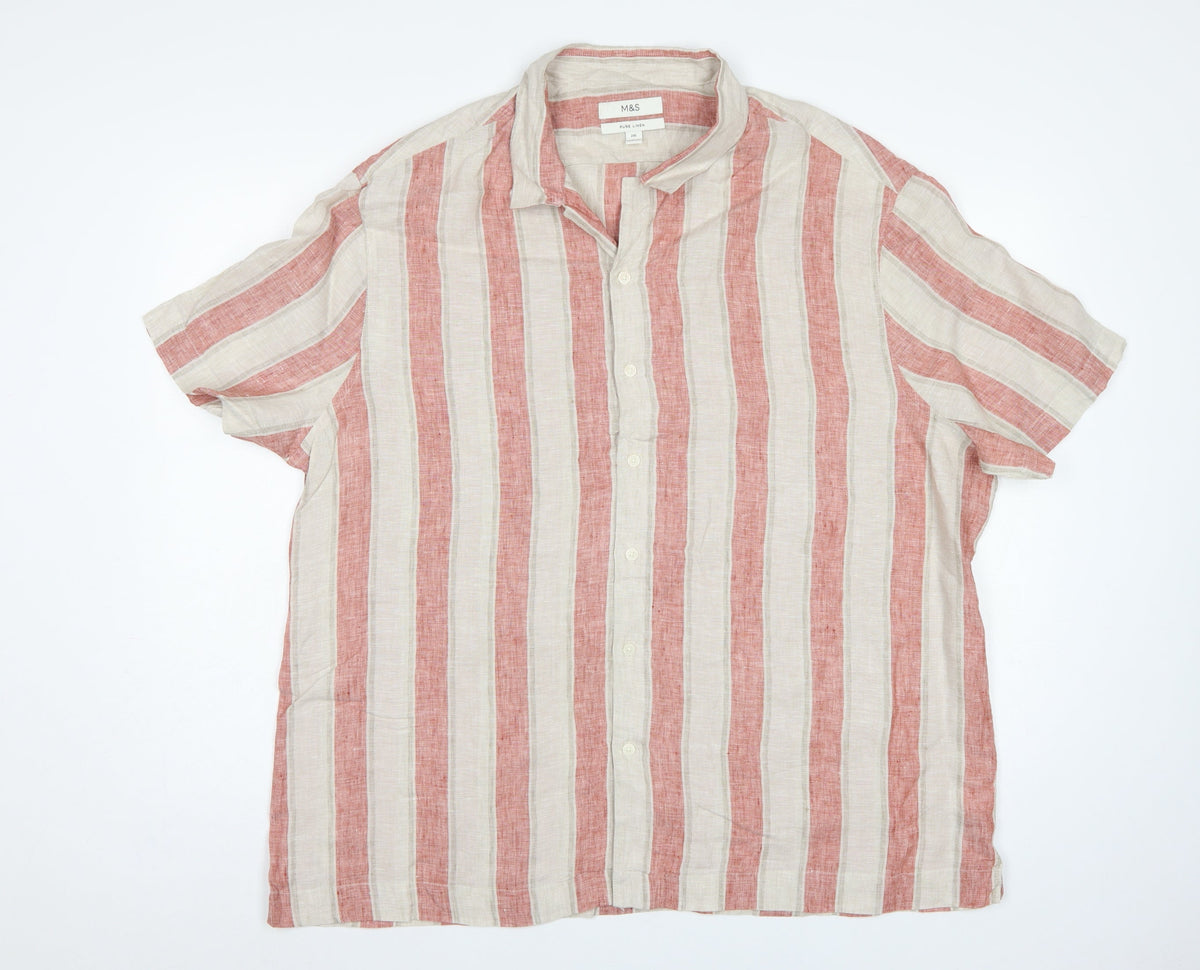 M&S Men Pink Ivory Stripe Pure Linen Short Sleeve Shirt 2XL