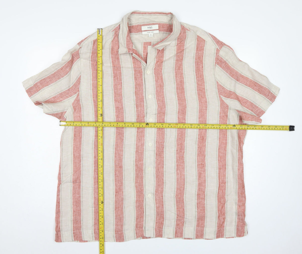 M&S Men Pink Ivory Stripe Pure Linen Short Sleeve Shirt 2XL