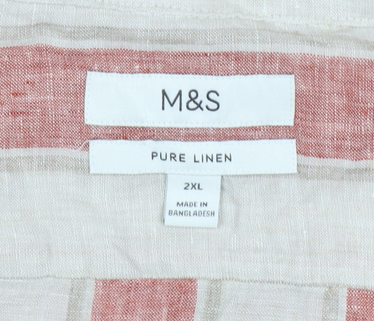 M&S Men Pink Ivory Stripe Pure Linen Short Sleeve Shirt 2XL