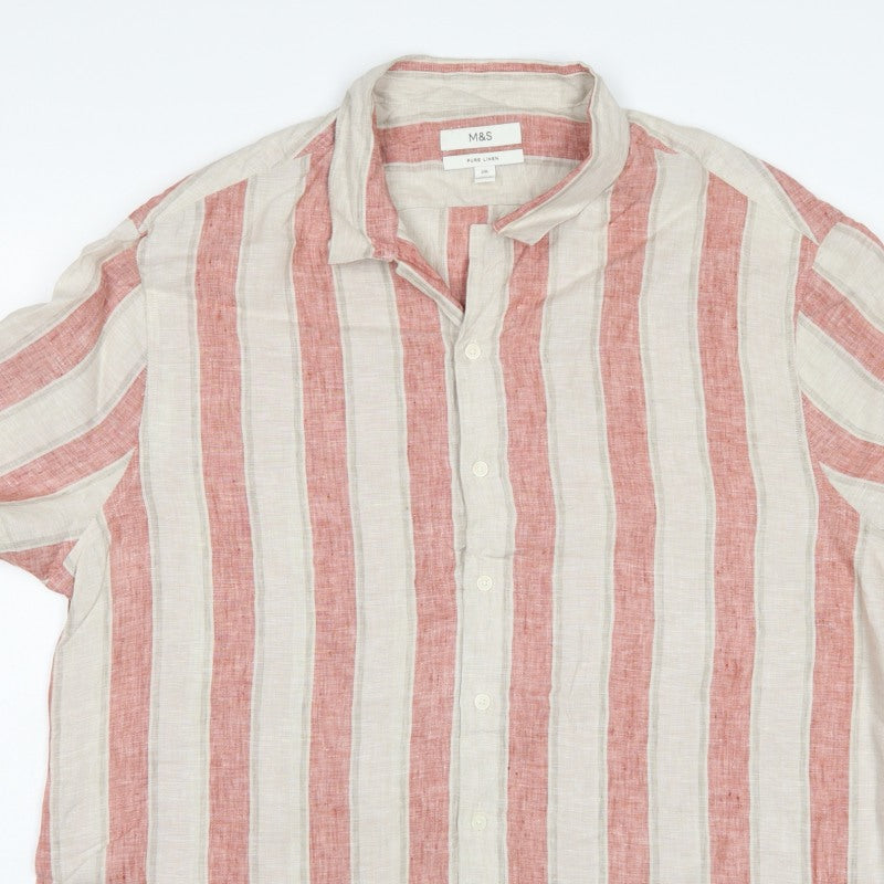 M&S Men Pink Ivory Stripe Pure Linen Short Sleeve Shirt 2XL