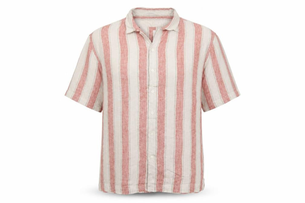 M&S Men Pink Ivory Stripe Pure Linen Short Sleeve Shirt 2XL