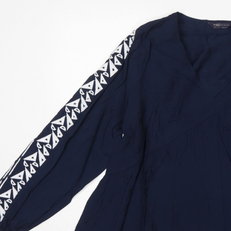 Marks and Spencer Women Blue UK 12 Boho V-Neck Embroidered Tunic Blouse