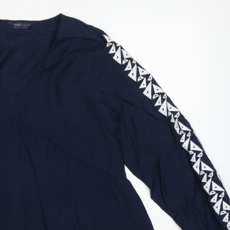 Marks and Spencer Women Blue UK 12 Boho V-Neck Embroidered Tunic Blouse