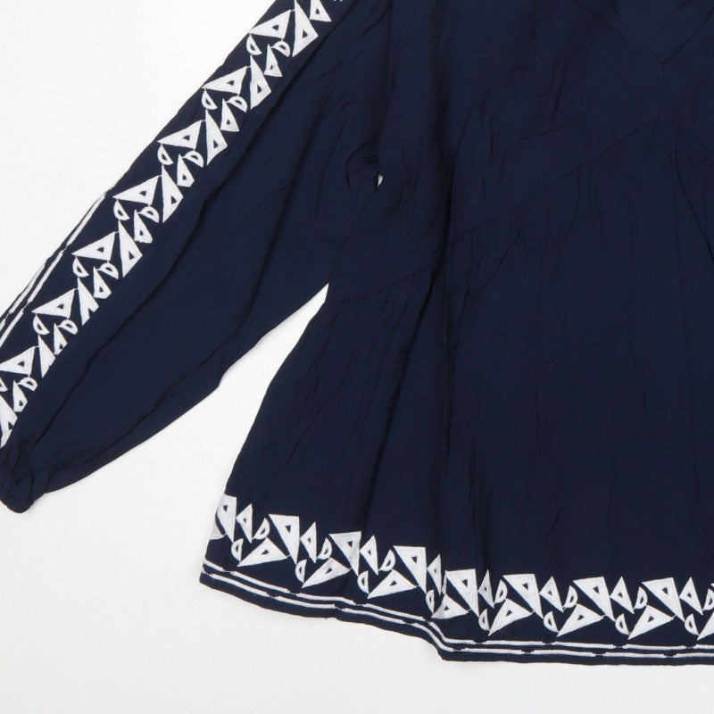Marks and Spencer Women Blue UK 12 Boho V-Neck Embroidered Tunic Blouse