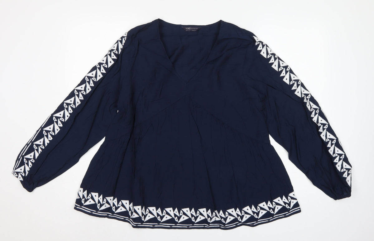 Marks and Spencer Women Blue UK 12 Boho V-Neck Embroidered Tunic Blouse