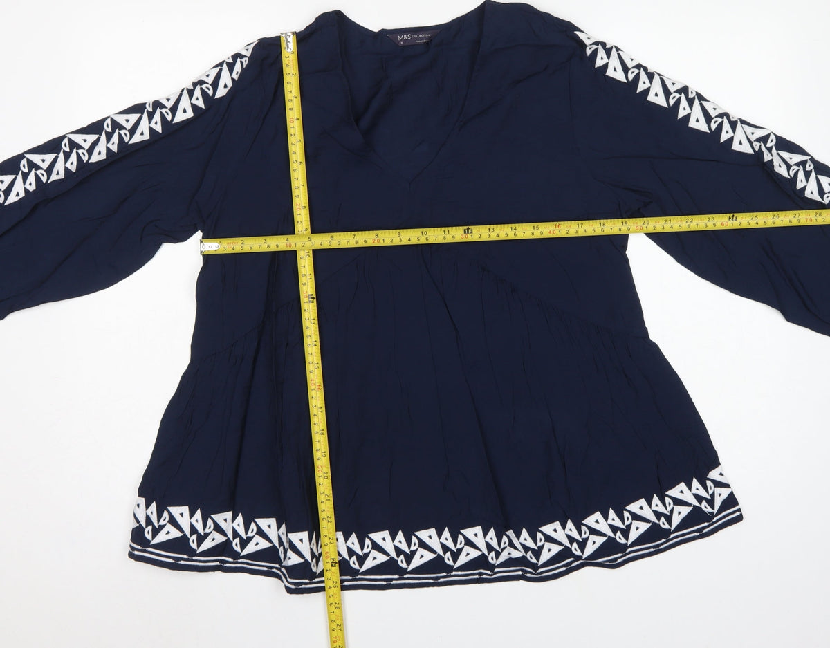 Marks and Spencer Women Blue UK 12 Boho V-Neck Embroidered Tunic Blouse