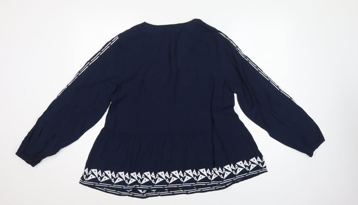 Marks and Spencer Women Blue UK 12 Boho V-Neck Embroidered Tunic Blouse