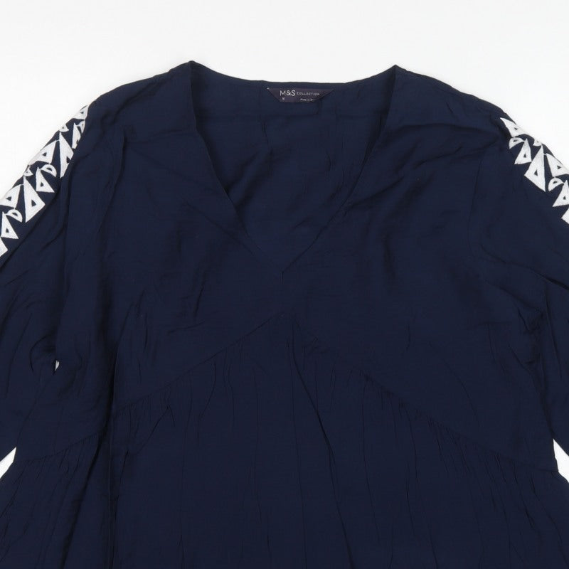 Marks and Spencer Women Blue UK 12 Boho V-Neck Embroidered Tunic Blouse