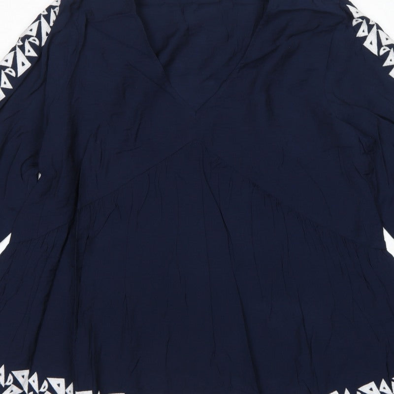 Marks and Spencer Women Blue UK 12 Boho V-Neck Embroidered Tunic Blouse