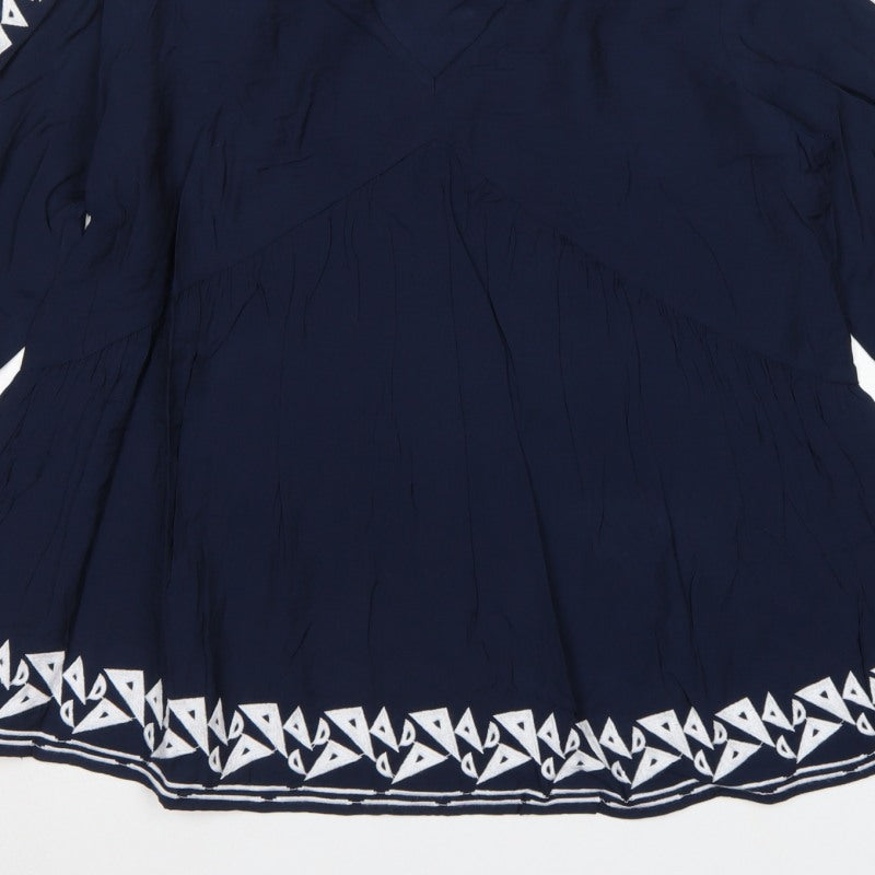 Marks and Spencer Women Blue UK 12 Boho V-Neck Embroidered Tunic Blouse
