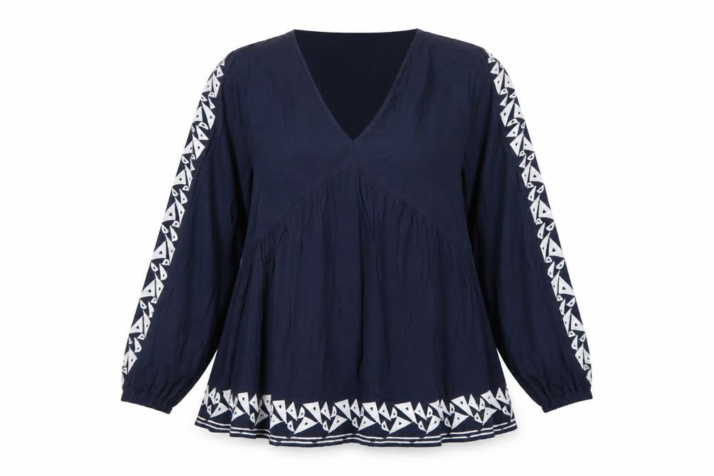 Marks and Spencer Women Blue UK 12 Boho V-Neck Embroidered Tunic Blouse