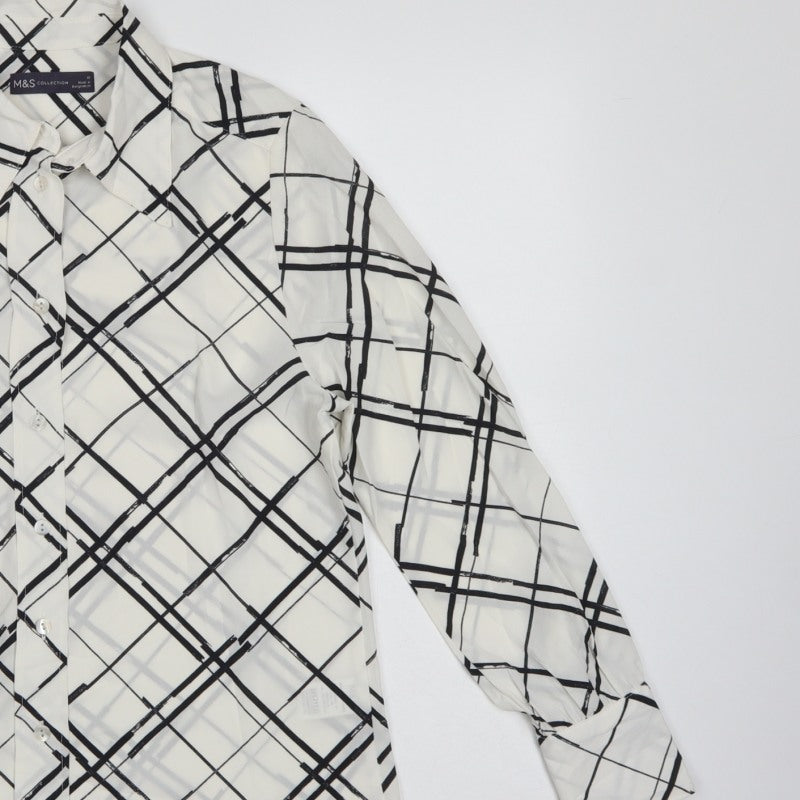 Marks and Spencer Women Ivory UK 10 Check Button-Up Long Sleeve Blouse