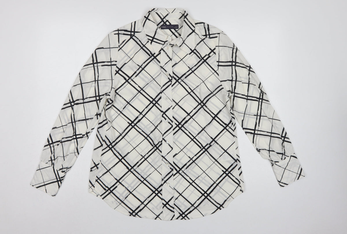 Marks and Spencer Women Ivory UK 10 Check Button-Up Long Sleeve Blouse