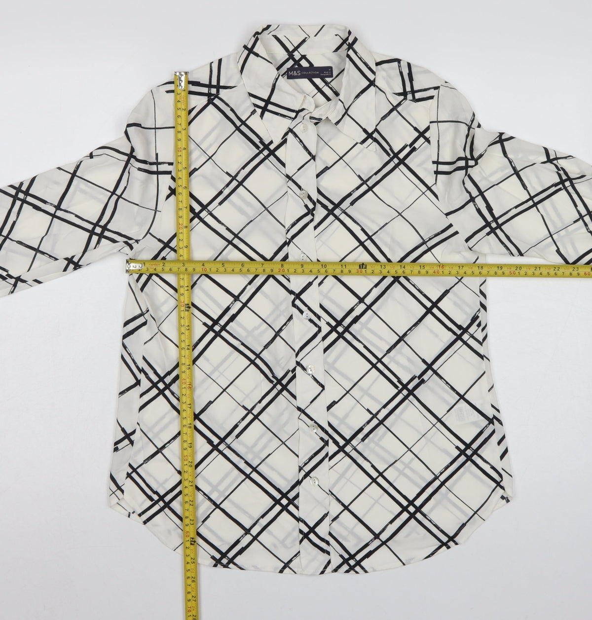 Marks and Spencer Women Ivory UK 10 Check Button-Up Long Sleeve Blouse