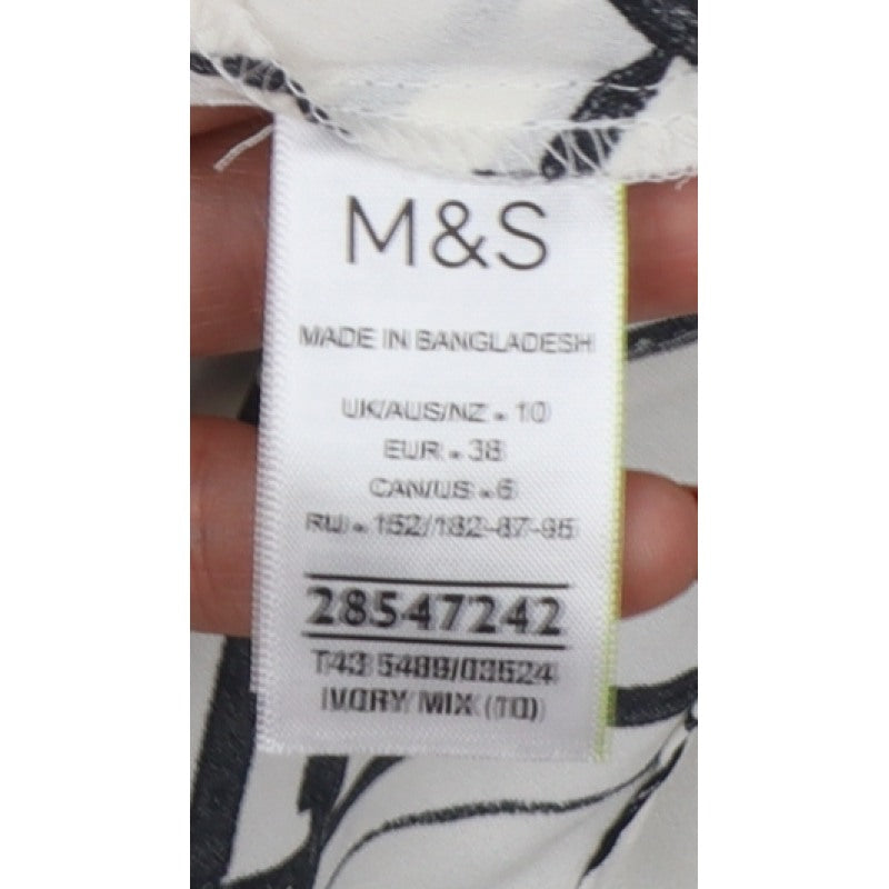 Marks and Spencer Women Ivory UK 10 Check Button-Up Long Sleeve Blouse