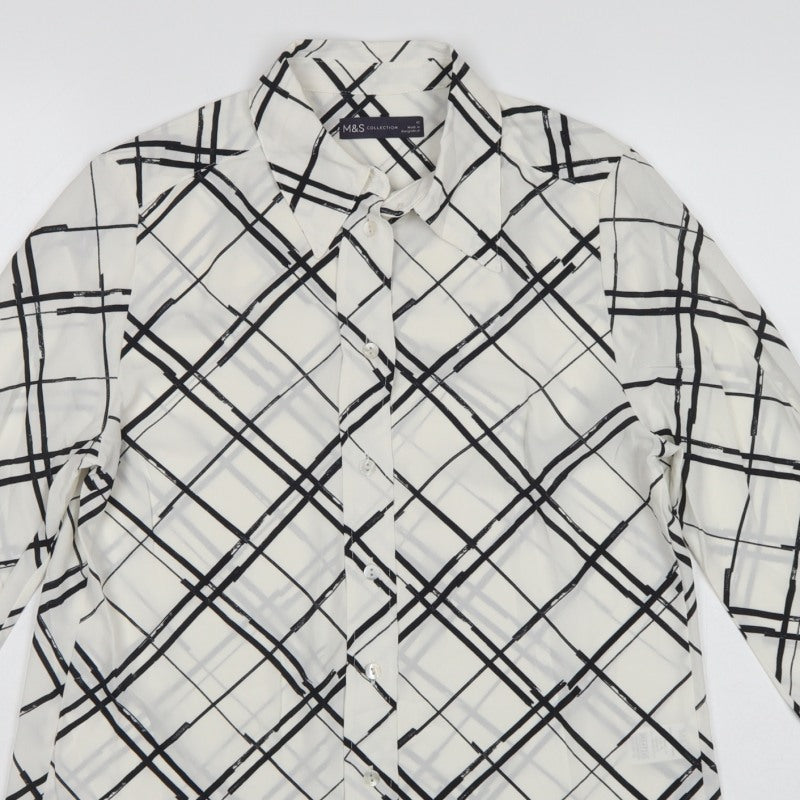 Marks and Spencer Women Ivory UK 10 Check Button-Up Long Sleeve Blouse