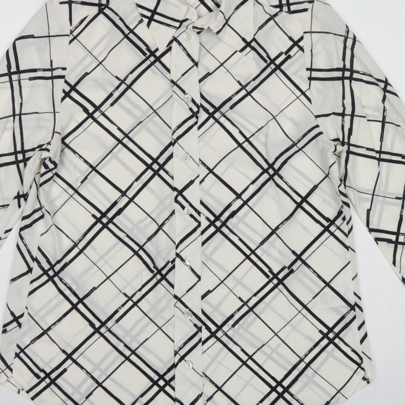 Marks and Spencer Women Ivory UK 10 Check Button-Up Long Sleeve Blouse
