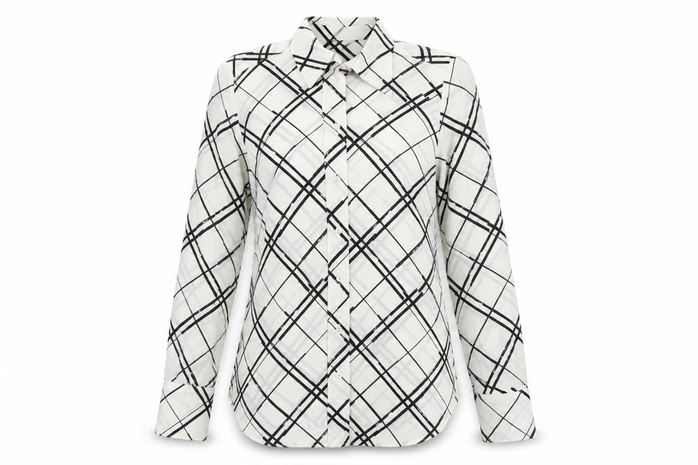 Marks and Spencer Women Ivory UK 10 Check Button-Up Long Sleeve Blouse