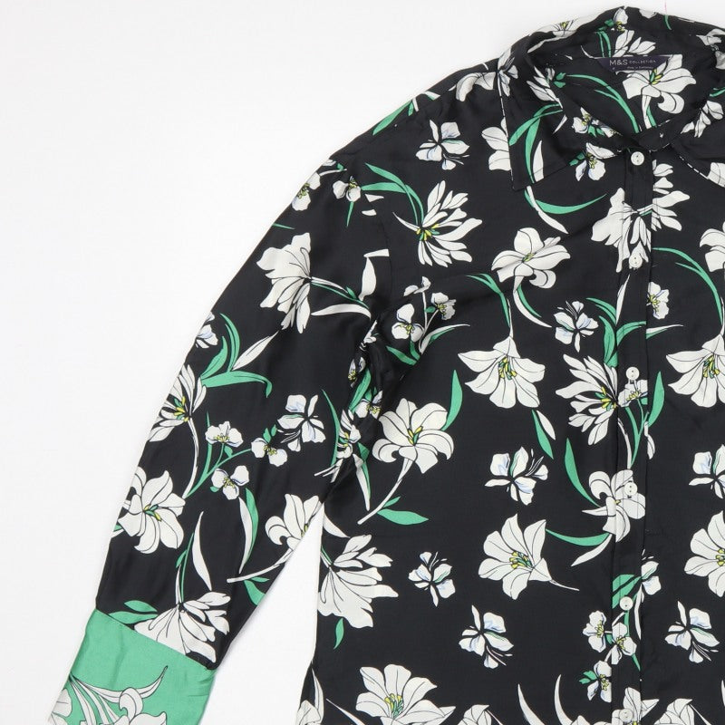 Marks and Spencer Women Black Floral Button-Up Shirt UK 12 Long Sleeve