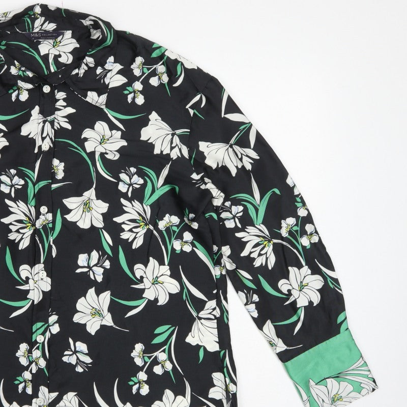 Marks and Spencer Women Black Floral Button-Up Shirt UK 12 Long Sleeve