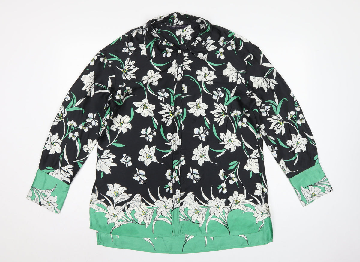 Marks and Spencer Women Black Floral Button-Up Shirt UK 12 Long Sleeve