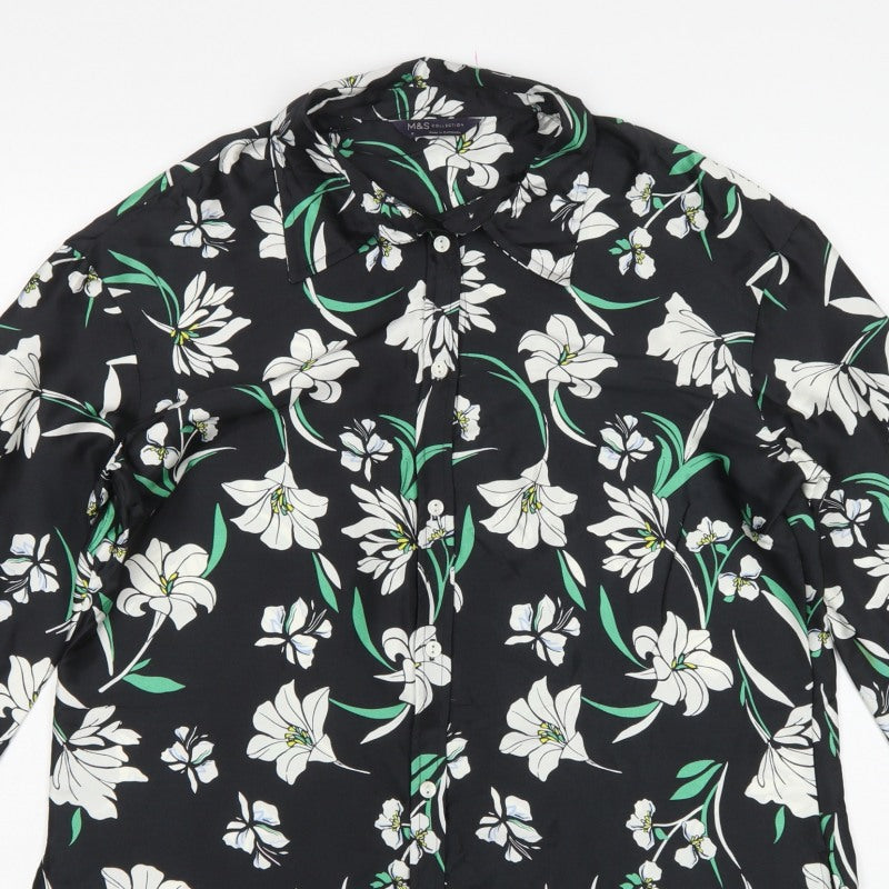 Marks and Spencer Women Black Floral Button-Up Shirt UK 12 Long Sleeve
