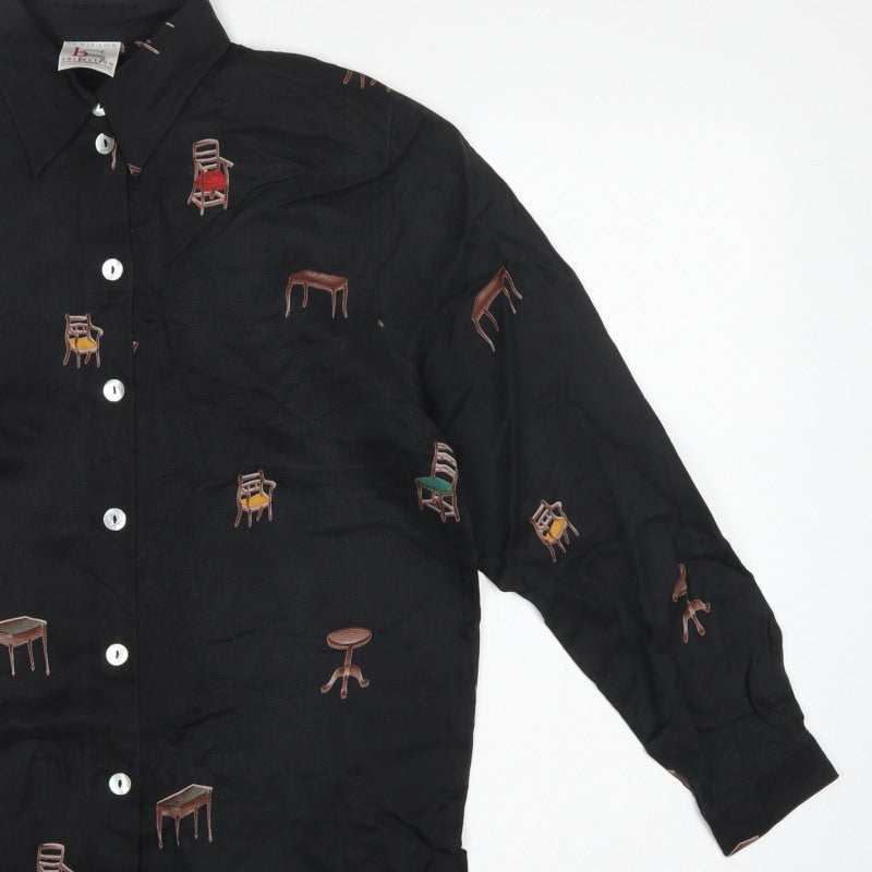 BS Collection Women's Black UK 10 Chair Print Button-Up Long Sleeve Blouse