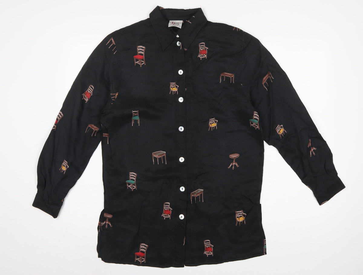 BS Collection Women's Black UK 10 Chair Print Button-Up Long Sleeve Blouse