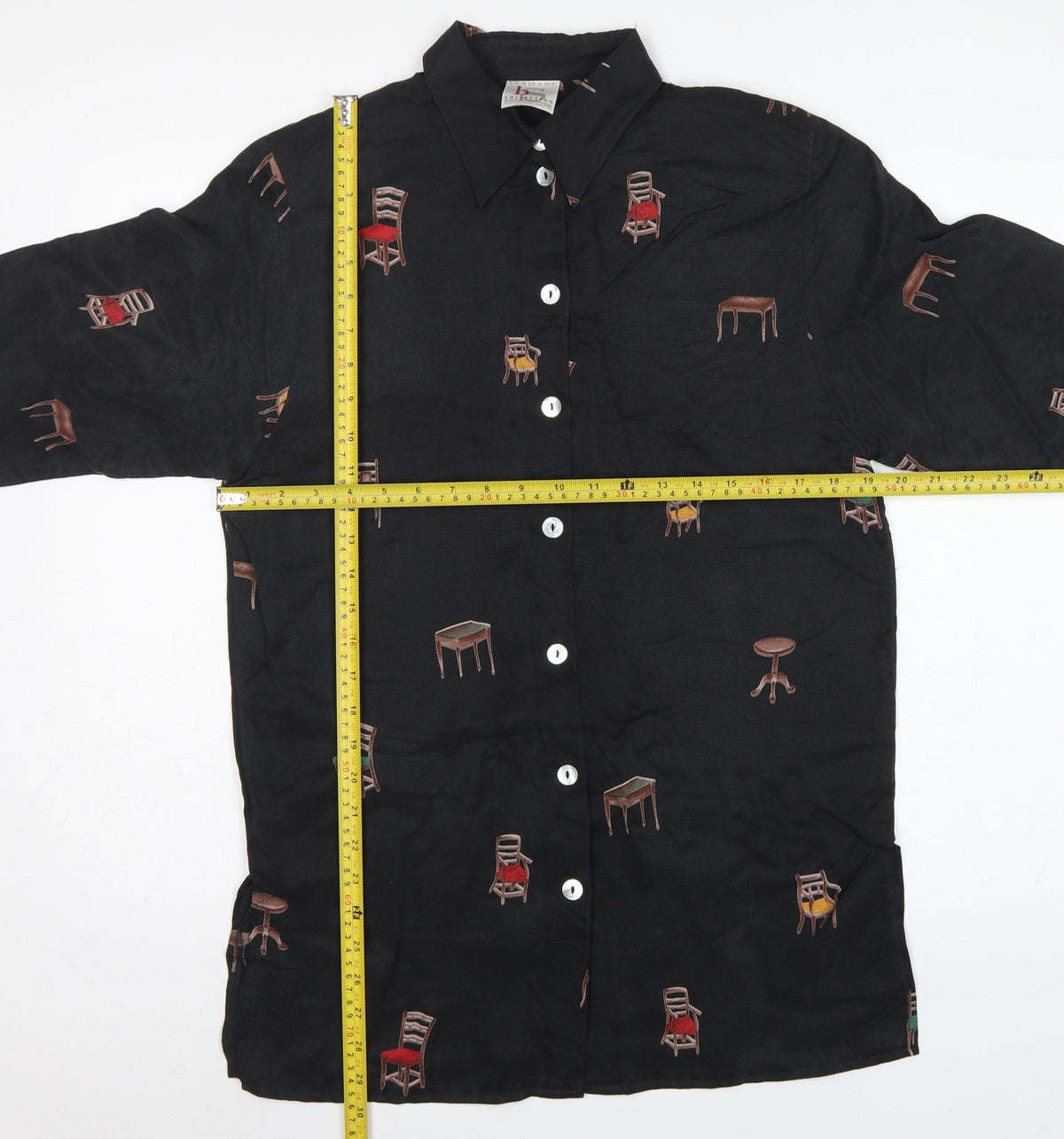 BS Collection Women's Black UK 10 Chair Print Button-Up Long Sleeve Blouse