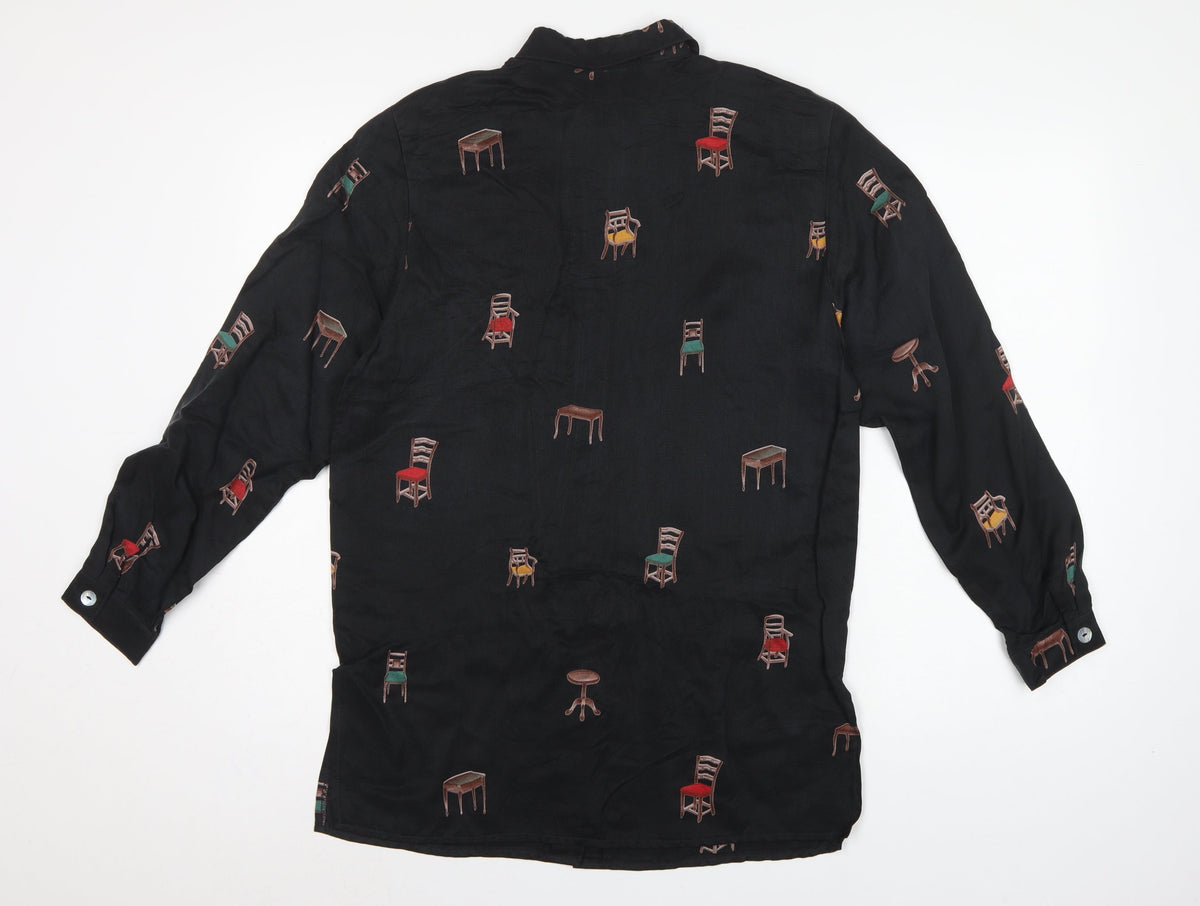 BS Collection Women's Black UK 10 Chair Print Button-Up Long Sleeve Blouse