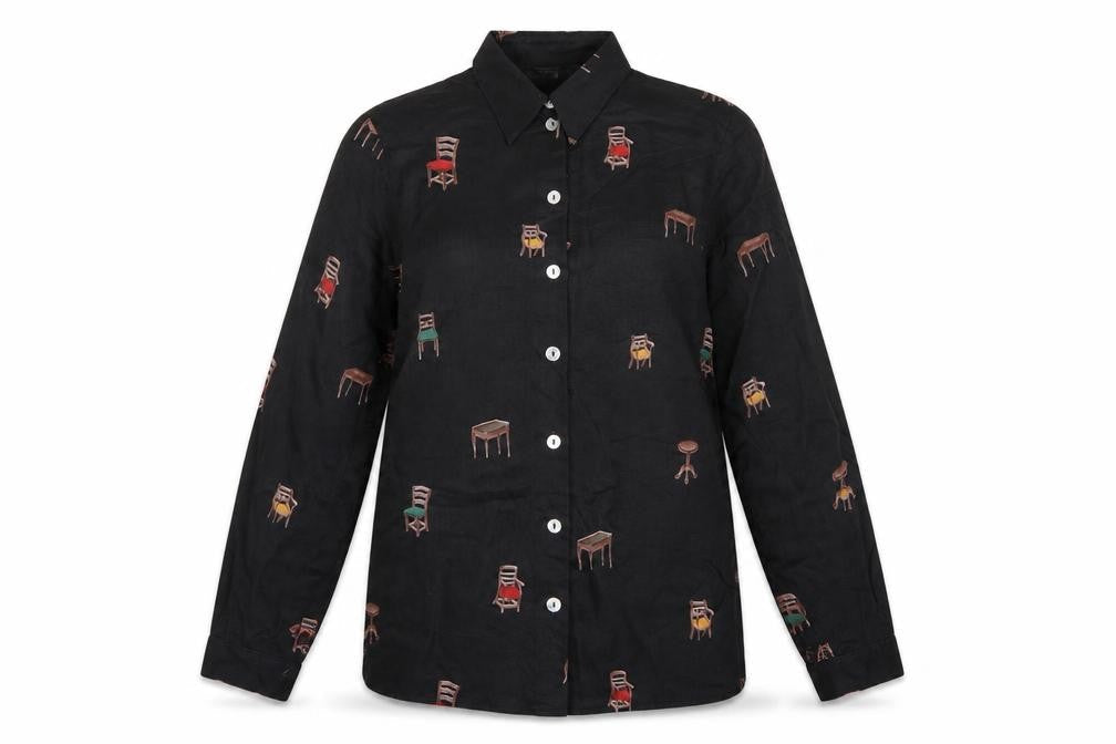 BS Collection Women's Black UK 10 Chair Print Button-Up Long Sleeve Blouse
