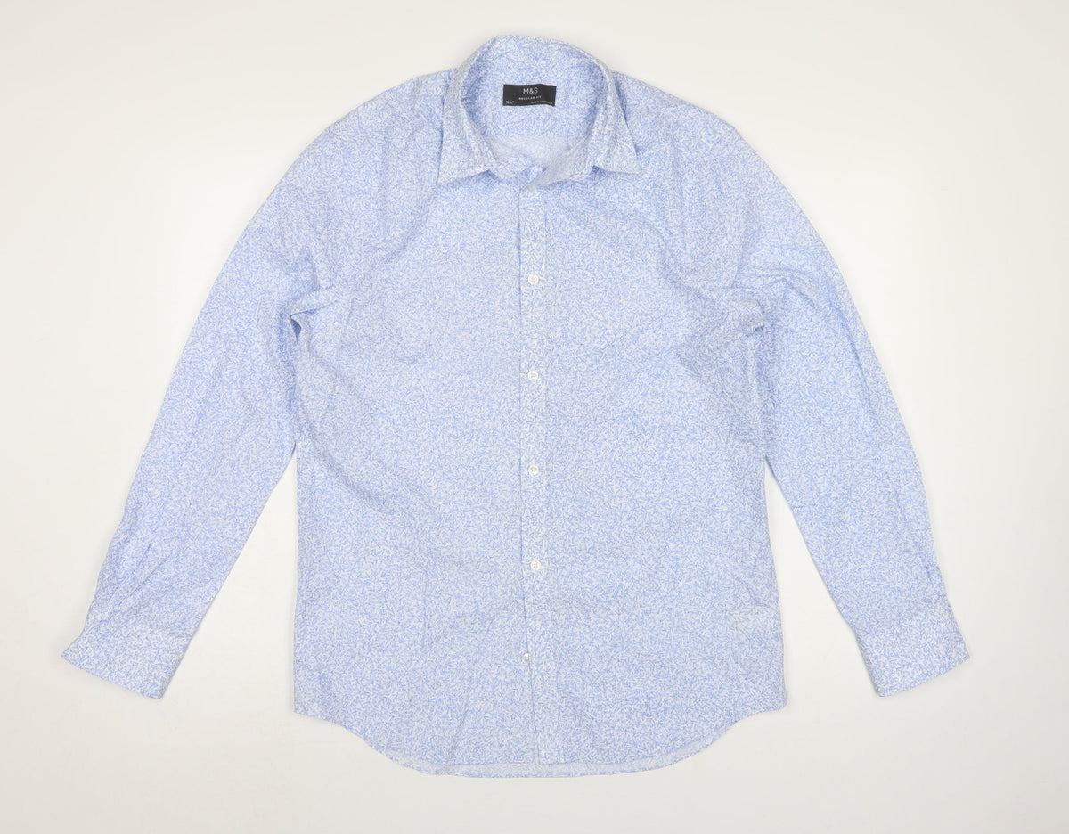 Marks and Spencer Men's Blue 15.5 Regular Fit Floral Formal Shirt