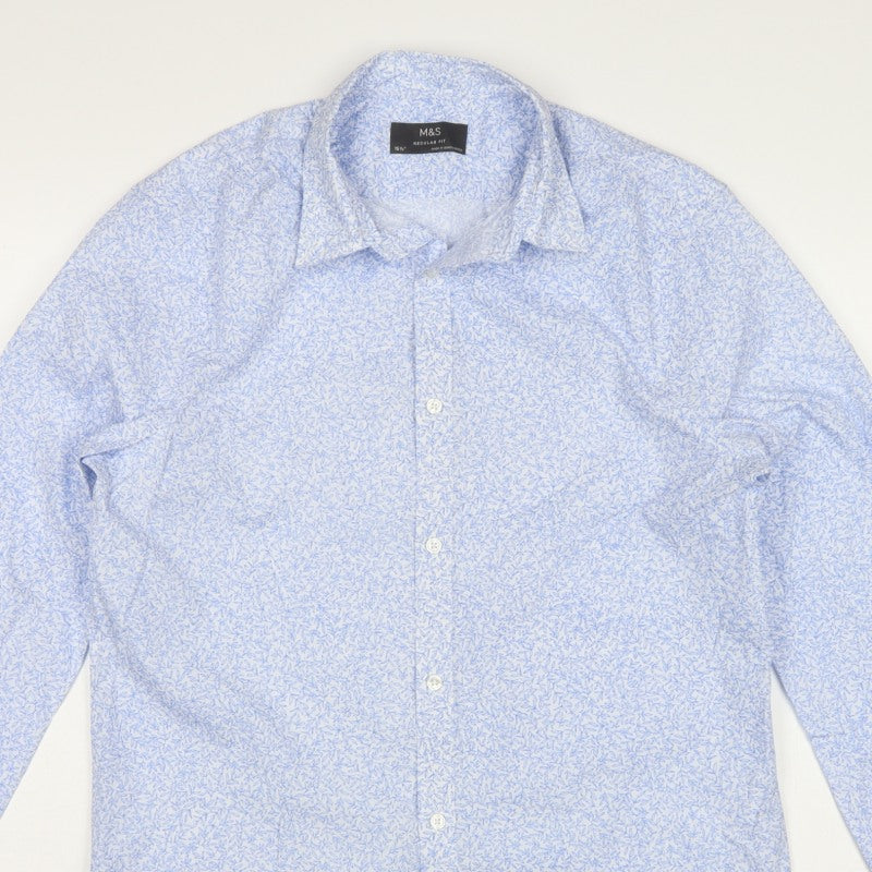Marks and Spencer Men's Blue 15.5 Regular Fit Floral Formal Shirt