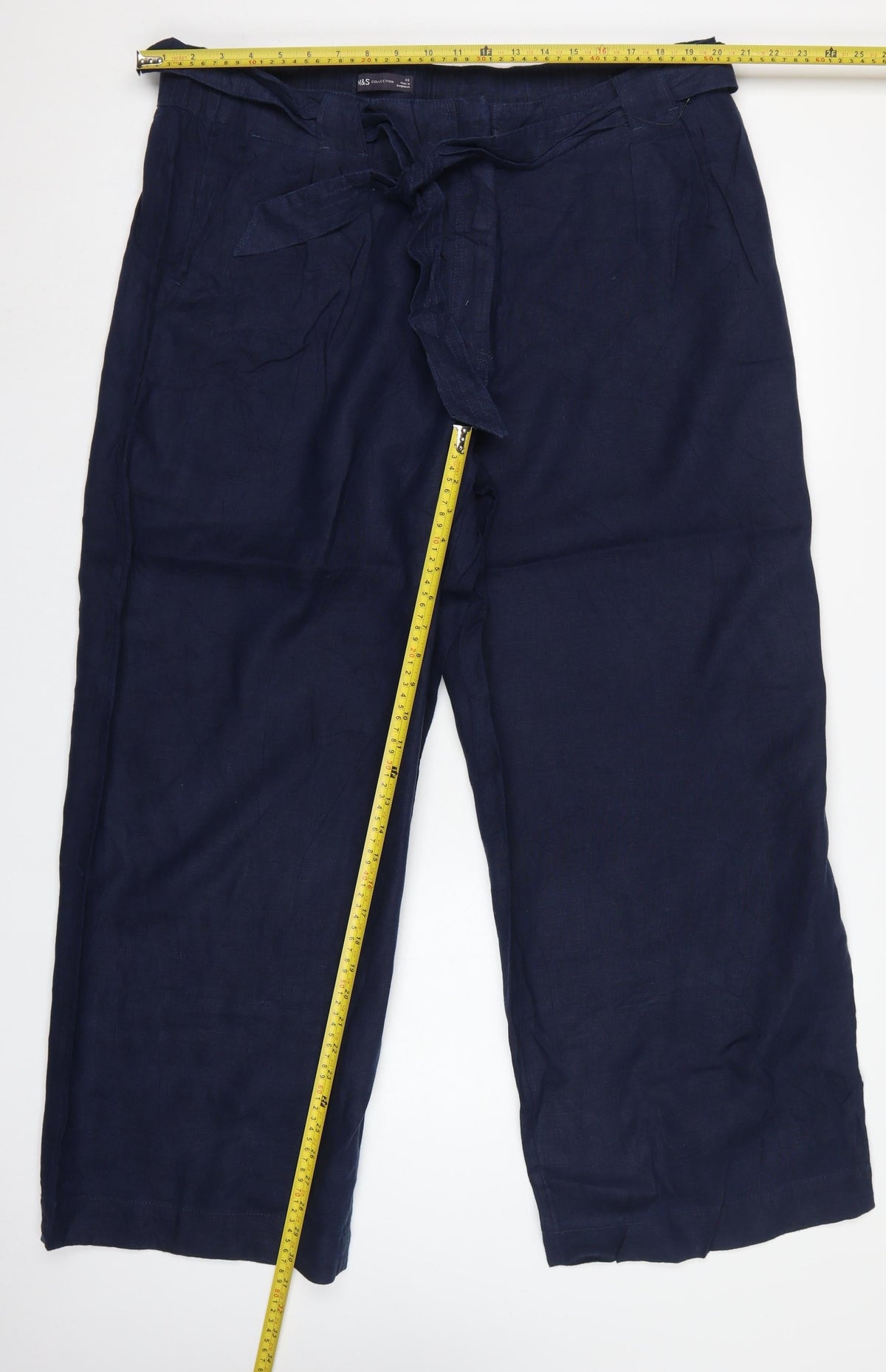 Marks and Spencer Women Blue UK 22 Paperbag Wide-Leg Linen Trousers