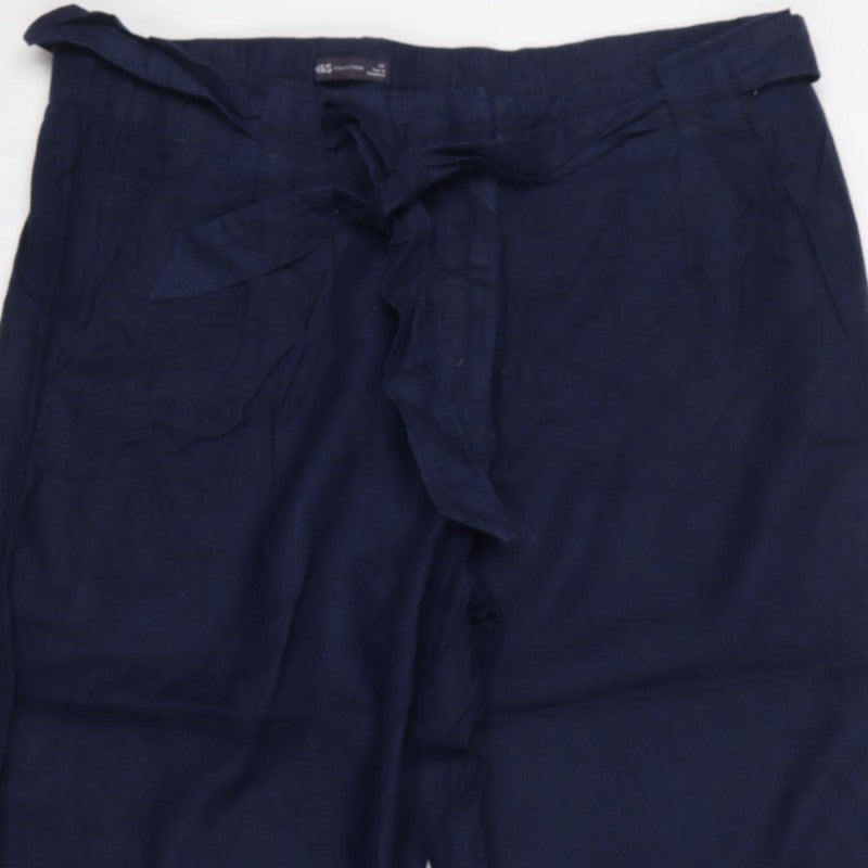 Marks and Spencer Women Blue UK 22 Paperbag Wide-Leg Linen Trousers
