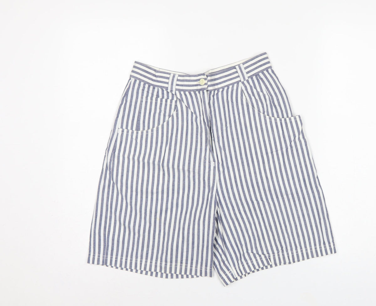 St Michael Women Blue White Stripe Cargo Shorts UK 12 High Rise Cotton
