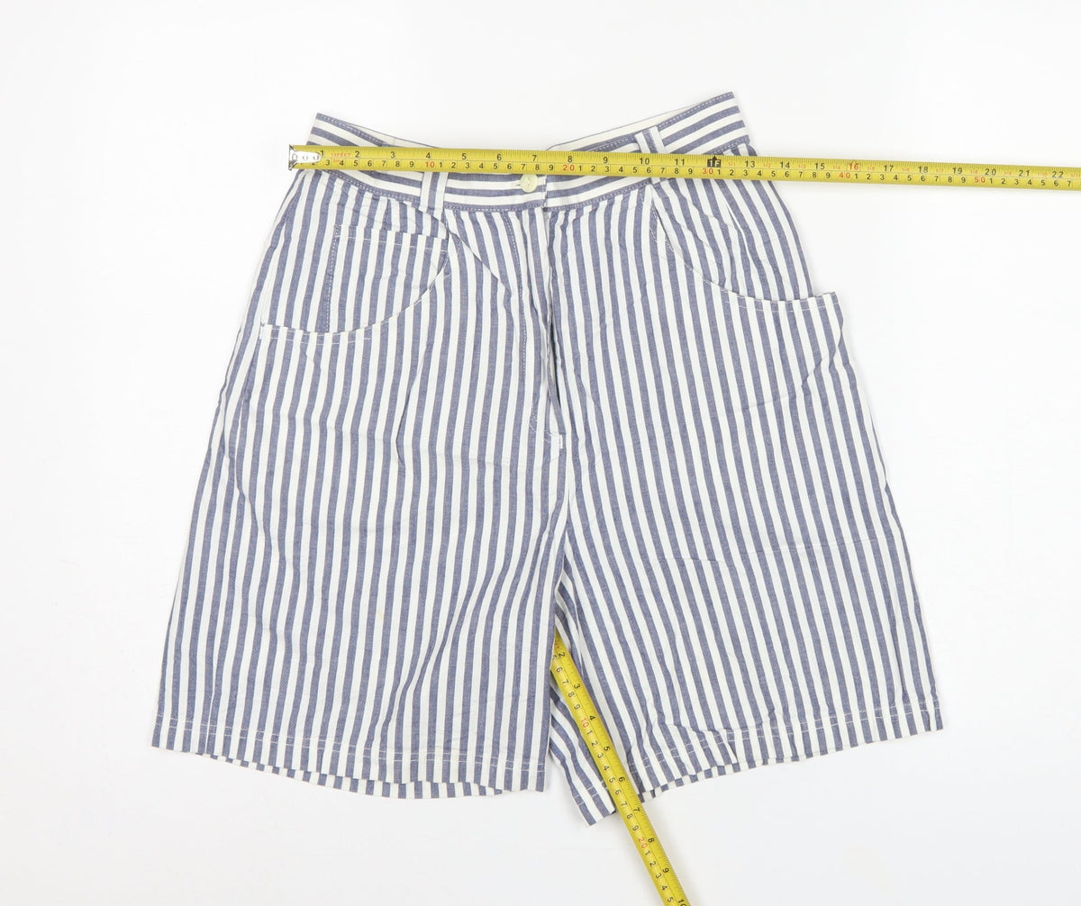 St Michael Women Blue White Stripe Cargo Shorts UK 12 High Rise Cotton