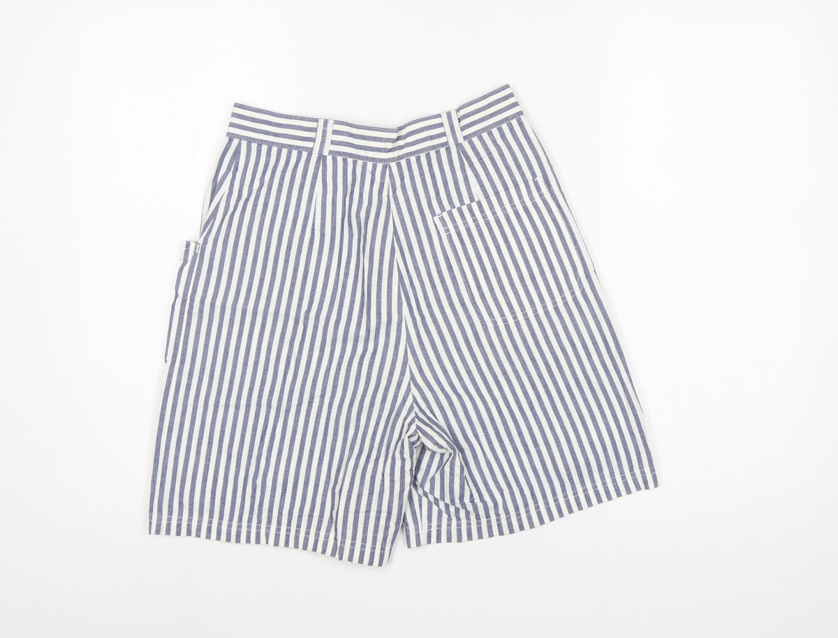 St Michael Women Blue White Stripe Cargo Shorts UK 12 High Rise Cotton