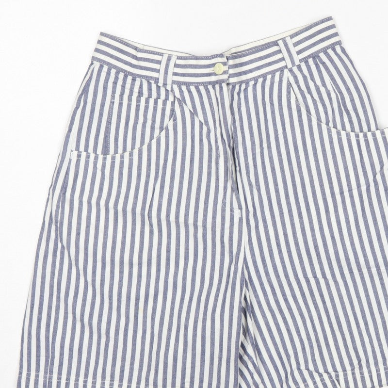St Michael Women Blue White Stripe Cargo Shorts UK 12 High Rise Cotton