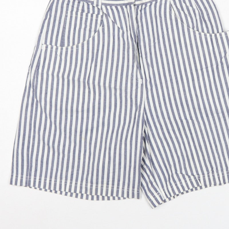 St Michael Women Blue White Stripe Cargo Shorts UK 12 High Rise Cotton