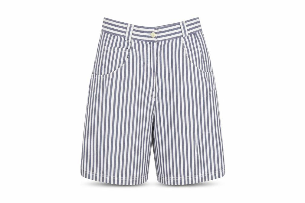 St Michael Women Blue White Stripe Cargo Shorts UK 12 High Rise Cotton