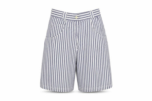 St Michael Women Blue White Stripe Cargo Shorts UK 12 High Rise Cotton